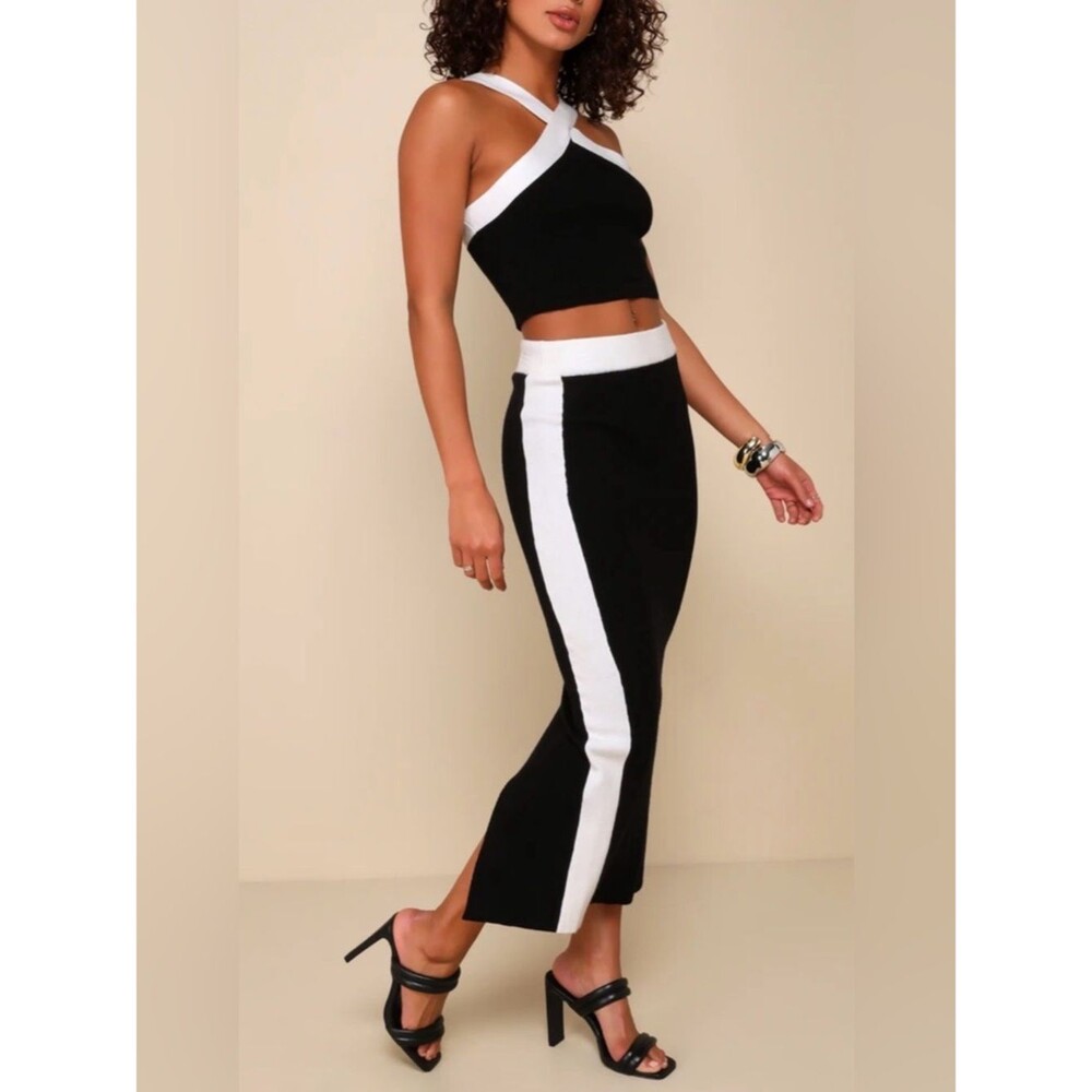 NWT Lulu's Black & White Knit "Flirtatious Finesse" Two-Piece Top & Skirt Set XS